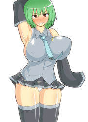 Rule 34 | 1girl, blush, breasts, cosplay, female focus, green hair, grin, hatsune miku (cosplay), huge breasts, kazami yuuka, looking at viewer, musuka (muska), necktie, panties, red eyes, simple background, skirt, smile, solo, sweat, thighhighs, touhou, underwear, vocaloid, white background