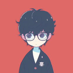 Rule 34 | 1boy, absurdres, aged down, amamiya ren, black eyes, black hair, black jacket, buttons, cireng-kun, commentary, english commentary, expressionless, glasses, highres, jacket, long sleeves, looking to the side, persona, persona 5, red background, school uniform, shirt, short hair, shuujin academy school uniform, simple background, solo, upper body, white shirt