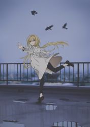 Rule 34 | 1girl, absurdres, blonde hair, coat, dated, deg (deguana), full body, hairband, highres, idolmaster, idolmaster cinderella girls, kurosaki chitose, long hair, looking at viewer, outdoors, outstretched arms, smile, solo, standing, standing on one leg, tiptoes, white coat