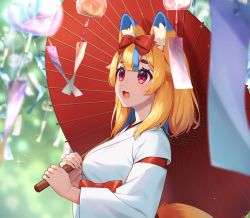 Rule 34 | 1girl, :3, :d, animal ear fluff, animal ears, blue hair, blurry, blurry background, blurry foreground, bow, breasts, commentary request, depth of field, fang, fox ears, fox girl, fox tail, hair bow, highres, holding, holding umbrella, indie virtual youtuber, japanese clothes, kimono, looking away, medium breasts, multicolored hair, oil-paper umbrella, open mouth, red bow, red eyes, red umbrella, sakura chiyo (konachi000), smile, solo, streaked hair, tail, umbrella, virtual youtuber, white kimono, wind chime, yamano kayo