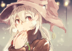 Rule 34 | 1girl, breath, coat, grey hair, hat, long hair, maido mido, original, pointy ears, red eyes, shiratan, sketch, solo, upper body, winter clothes, winter coat, witch hat