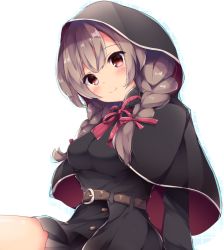 Rule 34 | 1girl, belt, belt buckle, black capelet, black dress, blush, braid, breasts, brown belt, brown hair, buckle, capelet, closed mouth, commentary request, dress, fuuna, hair between eyes, hair over shoulder, hair ribbon, hood, hood up, hooded capelet, kantai collection, long hair, medium breasts, multicolored capelet, red capelet, red eyes, red ribbon, ribbon, shinshuu maru (kancolle), sitting, smile, solo, twin braids, white background