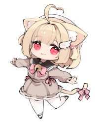 Rule 34 | 1girl, ahoge, animal ear fluff, animal ears, bell, black footwear, blonde hair, blush, bow, chibi, closed mouth, hat, heart, heart ahoge, kemomimi refle!, leg up, looking at viewer, mota, nekoma karin, open hands, pantyhose, pink bow, red eyes, smile, solo, tail, tail bow, tail ornament, virtual youtuber, white hat, white pantyhose, wing hair ornament