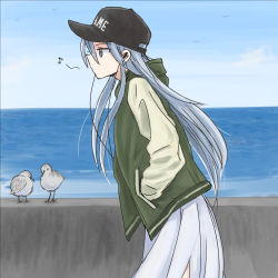Rule 34 | 1girl, adapted costume, baseball cap, bird, black hat, blue eyes, clothes writing, day, earphones, flint (girls und panzer), from side, girls und panzer, hands in pockets, hat, jacket, long hair, looking to the side, musical note, mutsu (layergreen), ocean, outdoors, silver hair, solo
