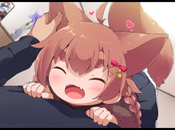 Rule 34 | 1boy, 1girl, :d, ^ ^, ahoge, animal ears, black shirt, black skirt, blush, bow, braid, brown hair, brown sweater, closed eyes, commentary request, facing viewer, fangs, flower, hair bow, hair ornament, hairclip, heart, indoors, letterboxed, long hair, long sleeves, makuran, momiji (makuran), open mouth, original, pleated skirt, purple flower, red bow, shirt, short eyebrows, skirt, sleeves past wrists, smile, solo focus, sweater, tail, thick eyebrows, twin braids, vase, x hair ornament
