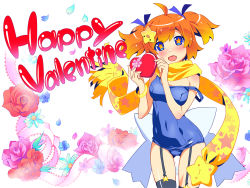 Rule 34 | 1girl, bangle, blue eyes, blush, bow, bracelet, candy, chocolate, chocolate heart, cowboy shot, fang, floral background, flower, food, garter straps, gift, hair ornament, happy valentine, heart, highres, holding, holding gift, jewelry, large bow, looking at viewer, one-piece swimsuit, orange hair, petals, pink flower, pink rose, plim, red flower, red rose, rose, rose petals, scarf, school swimsuit, short twintails, solo, star-shaped pupils, star (symbol), star hair ornament, strap slip, swimsuit, symbol-shaped pupils, thighhighs, twinkle soft, twintails, valentine, wallpaper, watanabe akio