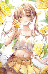 Rule 34 | absurdres, bare arms, bare shoulders, blonde hair, blush, breasts, cleavage, collarbone, food, fruit, green eyes, hair ornament, hairclip, highres, holding, lemon, long hair, looking at viewer, medium breasts, midriff, miniskirt, navel, original, parted lips, pleated skirt, shirt, skirt, sleeveless, smile, solo, starlime, twintails, water, white shirt, yellow skirt