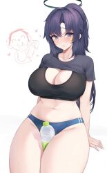 Rule 34 | 1boy, 1girl, doodle sensei (blue archive), between thighs, black shirt, black sports bra, blue archive, blue buruma, blue eyes, blush, bottle, breasts, buruma, cleavage, clothes lift, collarbone, commentary, halo, heart, high ponytail, highres, invisible chair, kuavera, large breasts, long hair, looking at viewer, navel, official alternate costume, parted bangs, parted lips, purple hair, raised eyebrows, sensei (blue archive), shirt, shirt lift, short sleeves, simple background, sitting, sports bra, star (symbol), sweat, thick thighs, thighs, water bottle, white background, yuuka (blue archive), yuuka (track) (blue archive)