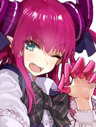 Rule 34 | 10s, 1girl, ;d, bad id, bad twitter id, blue eyes, blush, bow, bowtie, claws, close-up, collar, elizabeth bathory (fate), elizabeth bathory (fate/extra ccc), fangs, fate/extra, fate/extra ccc, fate (series), frills, gothic lolita, hair ribbon, horns, lolita fashion, long hair, looking at viewer, official art, one eye closed, open mouth, pink hair, pointy ears, ribbon, simple background, smile, solo, teeth, two side up, upper body, wada arco, white background