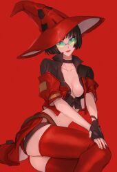 Rule 34 | 1girl, ass, black choker, black gloves, black hair, boots, breasts, choker, cleavage, fingerless gloves, gloves, green-tinted eyewear, guilty gear, guilty gear strive, hat, hitsuji kusa, i-no, large breasts, looking at viewer, mole, mole above mouth, red background, red footwear, red headwear, red leather, red lips, red theme, short hair, sitting, sunglasses, thigh boots, tinted eyewear, venus symbol, witch hat
