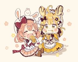 Rule 34 | 2girls, :i, ahoge, animal ears, animal hat, apron, black bow, black flower, blonde hair, blush, boots, bow, brown background, brown footwear, brown hair, brown skirt, capelet, closed mouth, commentary request, eating, elbow gloves, fake animal ears, fang, floral background, flower, food, food on face, frilled apron, frilled capelet, frilled skirt, frills, gloves, hair between eyes, hair bow, hair flower, hair ornament, hair rings, hat, highres, holding, holding food, long sleeves, multiple girls, open mouth, original, pleated skirt, rabbit ears, rabbit hat, red bow, sakura oriko, shadow, shirt, sitting, skirt, sleeveless, sleeveless shirt, v-shaped eyebrows, waist apron, white apron, white flower, white gloves, white headwear, white shirt, yellow capelet, yellow skirt