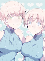Rule 34 | 10s, 2girls, arm around shoulder, asymmetrical docking, bare shoulders, blonde hair, blue eyes, brave witches, breast press, breasts, covered erect nipples, em (totsuzen no hakike), green eyes, hand around neck, hand on another&#039;s shoulder, hanna wind, heart, heart background, looking at viewer, medium breasts, multiple girls, nikka edvardine katajainen, ribbed sweater, short hair, sleeveless, smile, strike witches: aurora no majo, sweater, turtleneck, upper body, world witches series