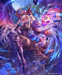 Rule 34 | 1girl, armor, armored dress, bat (animal), black dress, blonde hair, blue flower, blue moon, blue rose, boots, branch, breasts, character request, claws, corset, dark-skinned female, dark skin, dragon wings, dress, earrings, energy ball, fang, floral pattern, flower, flower ornament, full body, garter straps, gauntlets, head wings, highres, horns, jewelry, large breasts, long hair, madogawa, moon, night, night sky, open mouth, pink eyes, pointy ears, ribbon, rose, shadowverse, skirt, sky, smile, tree, very long hair, wings, yellow eyes