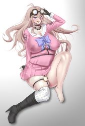 Rule 34 | 1girl, absurdres, ahoge, anklet, ass, barbed wire, barefoot, bdsm outfit, black footwear, black gloves, black thighhighs, blonde hair, blue eyes, blush, bondage outfit, boots, bow, breasts, calf boots, choker, cleavage, danganronpa (series), danganronpa v3: killing harmony, female focus, fingerless gloves, unworn footwear, full body, gloves, goggles, gradient background, grey background, hand on headwear, high heel boots, high heels, highres, iruma miu, jewelry, lactation, lactation through clothes, large breasts, leather, leather boots, long hair, looking at viewer, messy hair, bowtie, necklace, pink shirt, pink skirt, pleated skirt, purple bow, sailor collar, shirt, simple background, skirt, solo, teeth, thighhighs, thighs, tongue, tongue out, upper teeth only, white background, white footwear, white thighhighs