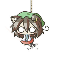 Rule 34 | 1girl, :3, aoblue, chen, chibi, female focus, fish, hanging, hat, multiple tails, o o, rope, simple background, solo, tail, touhou, two tails, white background