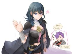Rule 34 | 1boy, 1girl, armor, blue eyes, breasts, byleth (female) (fire emblem), byleth (fire emblem), cape, closed mouth, fire emblem, fire emblem: three houses, fire emblem warriors: three hopes, gloves, hair ornament, hair over one eye, holding, large breasts, long hair, looking at viewer, medium breasts, medium hair, nintendo, pantyhose, pantyhose under shorts, purple eyes, purple hair, robaco, shez (fire emblem), shez (male) (fire emblem), short hair, shorts, simple background, translation request