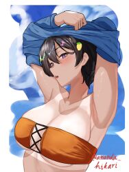 1girl alternate_breast_size ananda_hikari armpits arms_up bikini black_hair blush breasts collarbone dark-skinned_female dark_skin food-themed_hair_ornament hair_ornament highres large_breasts lemon_hair_ornament make_heroine_ga_oo_sugiru! open_mouth orange_bikini purple_eyes short_hair solo strapless strapless_bikini swimsuit tan tanline twitter_username undressing upper_body yakishio_lemon