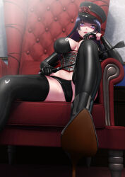 Rule 34 | 1girl, absurdres, arm up, armchair, bdsm, black bra, black corset, black footwear, black gloves, black hair, black hat, black panties, black thighhighs, bondage outfit, boots, bra, breasts, chair, corset, dominatrix, earrings, feet, foot focus, gloves, hat, high heel boots, high heels, highres, holding, holding riding crop, holding whip, jewelry, large breasts, latex, latex boots, latex bra, latex corset, latex gloves, latex panties, latex thighhighs, long hair, looking at viewer, open mouth, original, panties, parted lips, peaked cap, purple eyes, riding crop, shading eyes, shoe soles, sitting, solo, tai (2vs), thighhighs, underwear, whip