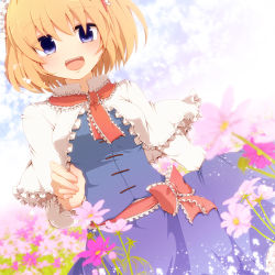 Rule 34 | 1girl, :d, alice margatroid, aoi (annbi), blonde hair, blue eyes, blurry, blush, bow, breasts, capelet, depth of field, female focus, field, flower, flower field, frilled headband, frilled ribbon, frilled shawl, frills, hairband, headband, looking at viewer, medium breasts, neckerchief, open mouth, ribbon, shawl, short hair, skirt, smile, solo, teeth, touhou
