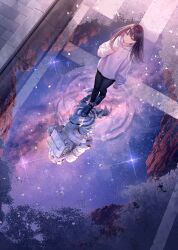 Rule 34 | 1girl, 1other, astronaut, black pants, blue eyes, brown hair, drawstring, from above, hand on own chest, helmet, highres, hood, hood down, hoodie, long hair, looking up, night, night sky, open mouth, original, outdoors, pants, puddle, reflection, reflective water, ripples, shoes, sky, sleeves past wrists, sneakers, sousou (sousouworks), space, space helmet, spacesuit, standing, star (sky), starry sky, water, wet floor, white hoodie