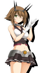 Rule 34 | 10s, 1girl, adjusting clothes, adjusting gloves, breasts, brown hair, collar, commentary request, crop top, gloves, green eyes, hair between eyes, hand up, headgear, highres, kantai collection, large breasts, looking at viewer, midriff, miniskirt, mutsu (kancolle), navel, one eye closed, pleated skirt, rappa (rappaya), revision, shadow, short hair, sketch, skirt, smile, solo, white background