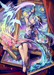 Rule 34 | 1girl, ahoge, bare shoulders, barefoot, beret, blue eyes, blue hair, dress, full body, griseo, hat, highres, holding, holding brush, honkai (series), honkai impact 3rd, long hair, open mouth, painting (action), painting (object), palette (object), portrait (object), purple eyes, sitting, solo, toenails, toes, twintails, white dress, zephyrine-gale
