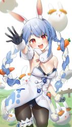 Rule 34 | 1girl, :d, animal ear fluff, animal ears, bare shoulders, black gloves, black leotard, black pantyhose, blue hair, blush, bow, braid, breasts, carrot hair ornament, commentary request, detached sleeves, don-chan (usada pekora), dress, fence, field, food-themed hair ornament, fur-trimmed dress, fur-trimmed gloves, fur trim, gloves, hair bow, hair ornament, highres, hololive, kirisaki shuusei, leotard, long hair, multicolored hair, open mouth, outstretched arm, pantyhose, pekomon (usada pekora), puffy short sleeves, puffy sleeves, rabbit ears, red eyes, short eyebrows, short sleeves, small breasts, smile, standing, standing on one leg, strapless, strapless dress, strapless leotard, teeth, thick eyebrows, twin braids, twintails, two-tone hair, upper teeth only, usada pekora, usada pekora (1st costume), very long hair, virtual youtuber, white background, white bow, white dress, white hair, white sleeves