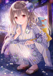 Rule 34 | 1girl, :d, absurdres, aerial fireworks, blush, bow, braid, brown hair, commentary request, finger to mouth, fireworks, floral print, flower, full body, hair between eyes, hair bow, hand fan, hand up, highres, holding, holding fireworks, holding sparkler, japanese clothes, kimono, long hair, long sleeves, looking at viewer, maeda shiori, night, open mouth, outdoors, paper fan, print kimono, purple bow, red eyes, revision, sandals, senkou hanabi, shushing, smile, solo, sousouman, sparkler, squatting, striped clothes, striped kimono, torii, twinbox school, uchiwa, vertical-striped clothes, vertical-striped kimono, white flower, wide sleeves