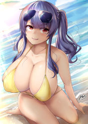 1girl azur_lane bikini breasts cleavage eyewear_on_head female_focus highres huge_breasts ibara_azuki kneeling long_hair multi-strapped_bikini o-ring o-ring_bikini official_alternate_costume pola_(azur_lane) pola_(seaside_coincidence)_(azur_lane) purple_hair red_eyes side_ponytail signature solo swimsuit water yellow_bikini