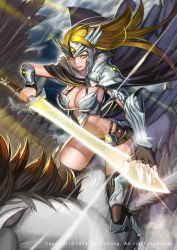 Rule 34 | 1girl, absurdres, armor, belt, bikini armor, black gloves, black thighhighs, blonde hair, breasts, cape, cloud, feathered wings, fingerless gloves, flying, gloves, glowing, glowing sword, glowing weapon, greaves, headpiece, highres, holding, holding weapon, horse, kim jin sung, large breasts, long hair, looking at viewer, narrow waist, norse mythology, original, parted lips, shoulder armor, smile, solo, sword, thighhighs, valkyrie, weapon, winged, wings