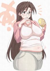 Rule 34 | 1girl, absurdres, azumanga daiou, blush, breasts, brown eyes, brown hair, cleavage, collarbone, commentary request, cowboy shot, cropped legs, denim, eating, food, glasses, green pants, highres, holding, holding food, jeans, karaage53ko, large breasts, licking lips, long hair, long sleeves, looking at viewer, mizuhara koyomi, muffin top, navel, notice lines, pants, pink shirt, plump, shirt, simple background, solo, sweatdrop, tareme, thick thighs, thighs, tongue, tongue out, white background, white shirt