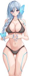 Rule 34 | 1girl, 7saki, absurdres, bikini, blue hair, blue nails, blush, braid, braided ponytail, breasts, butterfly hair ornament, cleavage, commission, crescent, crescent earrings, earrings, gluteal fold, hair between eyes, hair ornament, highres, indie virtual youtuber, jewelry, large breasts, light blue hair, long hair, looking at viewer, shiny skin, simple background, skindentation, solo, standing, swimsuit, thigh gap, tsukino diana, underboob, virtual youtuber, white background