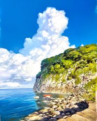 Rule 34 | blue sky, boat, cliff, cloud, cloudy sky, commentary request, day, fukui prefecture, highres, horizon, landscape, mixed-language commentary, nishikawa youichi, no humans, original, outdoors, real world location, rock, scenery, shore, sky, traditional media, water, watercraft