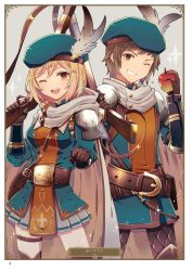 Rule 34 | 1boy, 1girl, ;d, apple, artist name, ayt, belt, black pants, blue hat, brown eyes, brown hair, card (medium), character name, cowboy shot, djeeta (granblue fantasy), food, fruit, gran (granblue fantasy), granblue fantasy, grey background, grey feathers, grey skirt, grin, gun, hair between eyes, hat, hat feather, highres, holding, holding food, holding fruit, holding gun, holding weapon, looking at viewer, miniskirt, one eye closed, open mouth, page number, pants, pleated skirt, rifle, short hair, skirt, smile, sparkle, standing, weapon