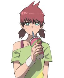 1girl bright_pupils commentary cup drinking_straw english_commentary expressionless freckles green_shirt highres holding holding_cup jitome jourd4n kick_buttowski looking_at_viewer off_shoulder red_hair scarlett_rosetti shirt short_hair short_twintails simple_background solo sweatband twintails upper_body white_background white_pupils