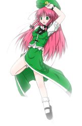 Rule 34 | 1girl, bare legs, bloom, bow, braid, chinese clothes, collared shirt, etogami kazuya, female focus, full body, green eyes, hair bow, hong meiling, jumping, long hair, open mouth, red hair, shirt, shoes, short sleeves, side slit, simple background, socks, solo, star (symbol), tangzhuang, touhou, twin braids, white background