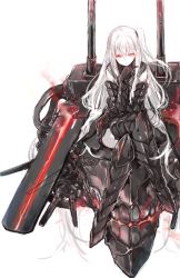 Rule 34 | 10s, 1girl, abyssal ship, aircraft carrier oni, armor, armored boots, boots, colored skin, crossed legs, dress, highres, kantai collection, kirisawa saki, long hair, looking at viewer, one side up, pale skin, red eyes, sailor dress, short dress, side ponytail, simple background, solo, thigh boots, thighhighs, very long hair, white hair, white skin