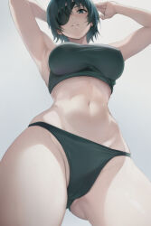 Rule 34 | 1girl, arms behind head, breasts, chainsaw man, crop top, doujintraya, eyepatch, green eyes, green hair, green panties, highres, himeno (chainsaw man), large breasts, narrow waist, navel, panties, short hair, simple background, sleeveless, solo, stomach, thighs, underwear, underwear only, white background
