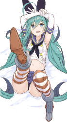 Rule 34 | 1girl, absurdres, ahoge, aqua eyes, aqua hair, black hairband, black neckerchief, black panties, blue sailor collar, cosplay, crop top, elbow gloves, gloves, hair between eyes, hairband, hatsune miku, highleg, highleg panties, highres, huge ahoge, kantai collection, long hair, looking at viewer, lying, microskirt, miniskirt, neckerchief, panties, ryo (tg290), sailor collar, shimakaze (kancolle), shimakaze (kancolle) (cosplay), skirt, solo, striped clothes, striped thighhighs, thighhighs, twintails, underwear, very long hair, vocaloid, white gloves