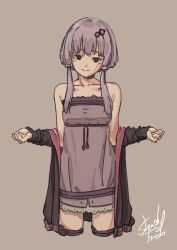 Rule 34 | 1girl, absurdres, bare shoulders, black eyes, black jacket, breasts, brown background, closed mouth, collarbone, commentary request, cropped legs, dress, hair ornament, head tilt, highres, jacket, jacket partially removed, long hair, long sleeves, looking at viewer, open clothes, open jacket, purple dress, shade of trees, short dress, short hair with long locks, sidelocks, signature, simple background, small breasts, smile, solo, underbust, vocaloid, voiceroid, w arms, yuzuki yukari