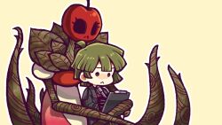 Rule 34 | 1boy, :&lt;, apple, armor, black gloves, clipboard, closed mouth, commentary request, employee (project moon), food, fruit, gloves, green hair, hatake shimeji, holding, holding clipboard, holding pen, lobotomy corporation, long sleeves, object head, outline, pen, project moon, short hair, simple background, snow white&#039;s apple, writing, yellow background