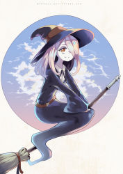 Rule 34 | 1girl, broom, broom riding, commentary, deviantart username, english commentary, fang, flying, hair over one eye, hat, highres, little witch academia, long hair, looking at viewer, luna nova school uniform, nanahii, pink hair, red eyes, school uniform, smile, solo, sucy manbavaran, watermark, web address, wide sleeves, witch, witch hat