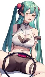 Rule 34 | 1girl, bike shorts, black bra, black collar, black shorts, blush, bra, breasts, brown eyes, chinese commentary, cleavage cutout, clothing cutout, collar, crop top, cross, demon girl, demon horns, hair behind ear, halterneck, han (ozrfour), horns, karon (vtuber), karon official, looking to the side, medium breasts, midriff, navel, nijisanji, off shoulder, open mouth, pointy ears, ring fit adventure, shorts, sitting, skindentation, solo, sweat, thigh strap, two side up, underwear, virtual youtuber, virtuareal, white background