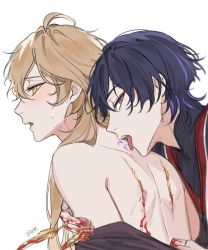 Rule 34 | 2boys, aether (genshin impact), blonde hair, blood, blood on hands, eyeliner, genshin impact, highres, liann1009, licking back, long hair, looking at viewer, looking to the side, multiple boys, purple eyes, purple hair, red eyeliner, scaramouche (genshin impact), short hair, yaoi, yellow eyes