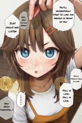 Rule 34 | 1girl, arm up, blue eyes, blush, brown hair, coin, coin on string, collarbone, commentary, commentary request, copyright request, english commentary, english text, hair ornament, hairclip, highres, holding, holding string, holed coin, hypnosis, indoors, looking at viewer, medium hair, mind control, open mouth, potato iida, pov, shirt, short hair, short sleeves, solo, speech bubble, string, tagme, text focus, translated, white shirt, wooden floor