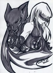 Rule 34 | arc system works, bare shoulders, blindfold, eddie (guilty gear), gloves, greyscale, guilty gear, long hair, maon, marker (medium), monochrome, monster, shadow, signature, skin tight, traditional media, zato-1