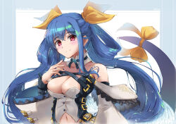 Rule 34 | 1girl, bare shoulders, belt, blue border, blush, border, breasts, character name, cleavage, cleavage cutout, closed mouth, clothing cutout, commentary request, copyright name, detached collar, detached sleeves, dizzy (guilty gear), english text, guilty gear, guilty gear xrd, hair between eyes, hair ribbon, hair rings, hand on own chest, highres, large breasts, long hair, looking at viewer, midriff, monster girl, nail polish, navel, nt50, off shoulder, pink nails, red eyes, ribbon, simple background, smile, solo, tail, tail ornament, tail ribbon, twintails, wide sleeves