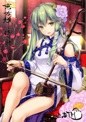 Rule 34 | 1girl, adapted costume, alternate costume, bare legs, bracelet, china dress, chinese clothes, curtains, detached sleeves, dress, earrings, erhu, flower, frog hair ornament, green eyes, green hair, hair flower, hair ornament, indoors, instrument, jewelry, kochiya sanae, long hair, looking at viewer, monety, music, pelvic curtain, playing instrument, sitting, smile, snake hair ornament, solo, sunlight, tassel, touhou, wide sleeves, window