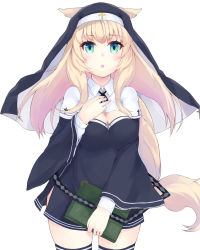 Rule 34 | 1girl, :o, animal ears, blonde hair, blush, book, breasts, cleavage, cleavage cutout, clothing cutout, cross, dress, green eyes, habit, hand on own chest, highres, kou mashiro, long hair, low-tied long hair, nun, original, ponytail, simple background, solo, thighhighs, very long hair, white background