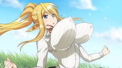 Rule 34 | 1girl, absurdly long hair, animal ears, artist request, blonde hair, blue eyes, breasts, centaur, centorea shianus, covered erect nipples, game cg, grass, high ponytail, horse ears, huge breasts, impossible clothes, long hair, monster musume no iru nichijou, monster musume no iru nichijou online, official alternate costume, official art, open mouth, outdoors, pointy ears, shirt, sidelocks, taur, very long hair, white shirt